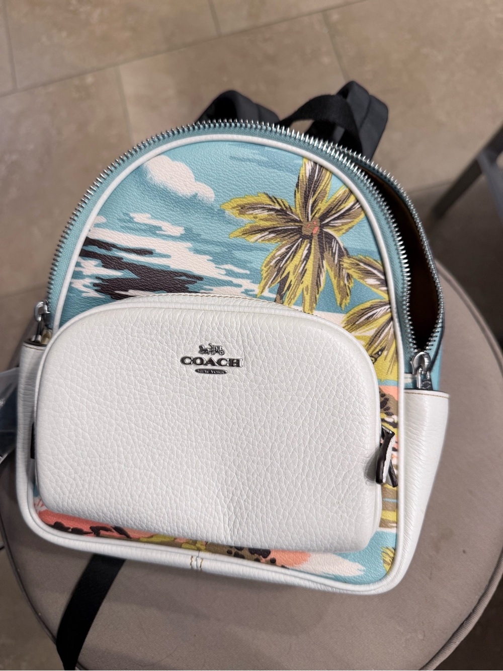 Coach White & Aqua Palm-Print Mini Backpack